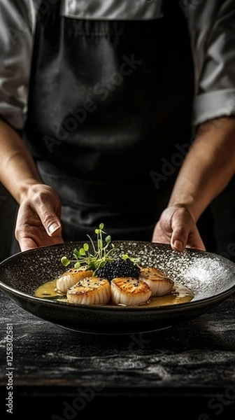 Obraz Culinary artistry shines in a dimly lit kitchen with seared scallops and yuzu beurre blanc presentation