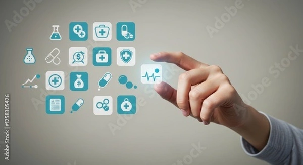 Fototapeta Hand choose healthcare medical icon. Health insurance health concept. access to serve welfare health and copy space