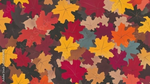 Fototapeta Colorful seasonal autumn background pattern, featuring a vibrant carpet of fallen forest leaves in rich hues of red, orange, yellow, and deep brown