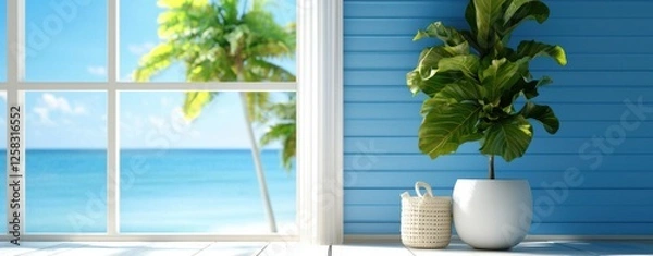 Fototapeta A bright, airy room features a large window with a sea view, white walls, and a potted plant, creating a tropical, relaxing atmosphere.