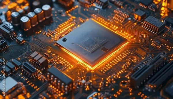 Obraz Close-up of illuminated circuit board with central processing unit