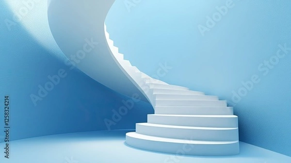 Fototapeta On a blue background, a white arrow follows the spiral staircase of growth. 3D representation of an arrow ascending a spiral staircase, 3D steps with an upward-pointing arrow