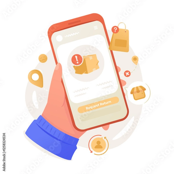 Fototapeta Hand holding phone with package return request page vector illustration
