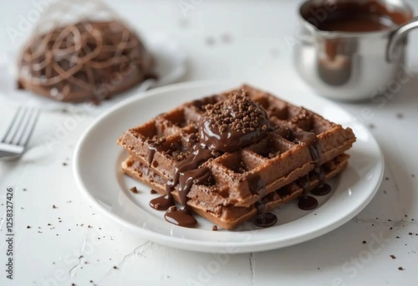 Fototapeta A stack of chocolate waffles with chocolate sauce drizzled on top, served on a white plate with a saucepan of chocolate sauce on the side.
