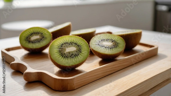 Obraz Kiwi fruit on a wooden tray in a bright kitchen