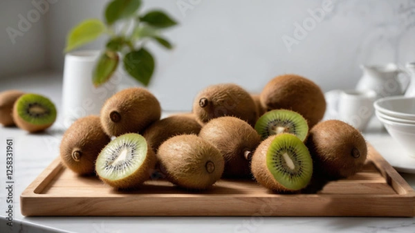 Obraz Kiwi fruit on a wooden tray in a bright kitchen