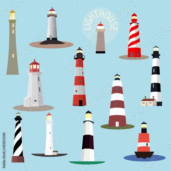 Obraz Set of cartoon lighthouses. Searchlight towers for maritime navigation guidance. Ocean beacon light vector tower lighthouse. Vector illustration.