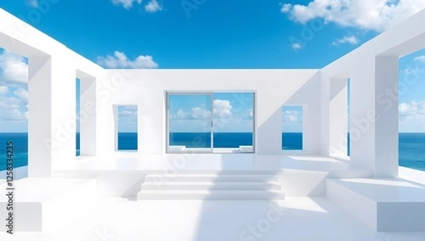 Fototapeta A modern, minimalist architectural scene. A white, open-air structure with multiple square openings. A large, central, sliding door leads to a view of the ocean, blue sky, and white clouds.
