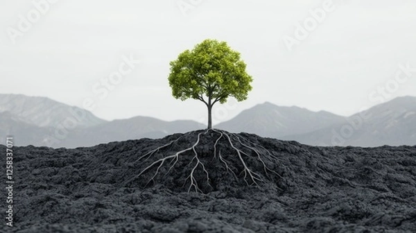 Fototapeta Isolated Green Tree Growing from Dark Volcanic Soil Background