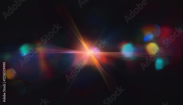 Fototapeta Blurred bokeh crash crystal flare diamond prism texture, vintage camera glare. Effect Template for social media background illustration. Dark black background.