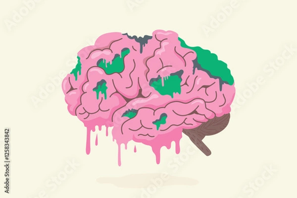 Fototapeta Pink brain rot and melting down . Concept illustration about deterioration of a person's mental, loss concentration, OCD, or intellectual state result of overconsumption of material.