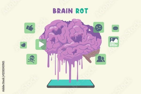 Fototapeta Brain rot melted down to smartphone screen while icons and signs about social media and content stayed around that. Loss of focus due to addiction to low quality content.
