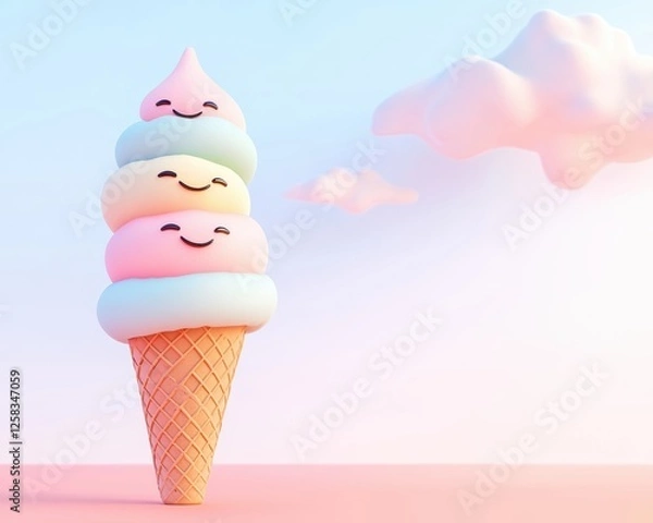 Obraz A charming ice cream cone with three smiling scoops in pastel colors, melting slightly under a warm, dreamy sunset sky