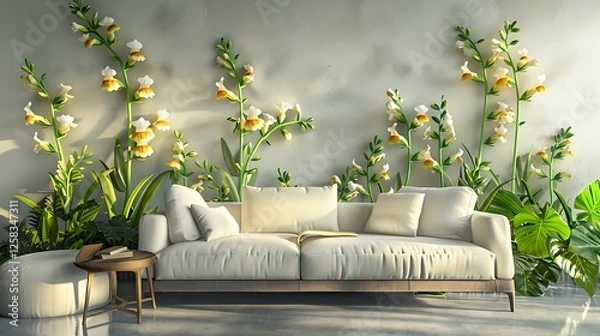 Fototapeta Vivid 3D artwork of snapdragons on a wall, with a chic lounge mockup on the side.