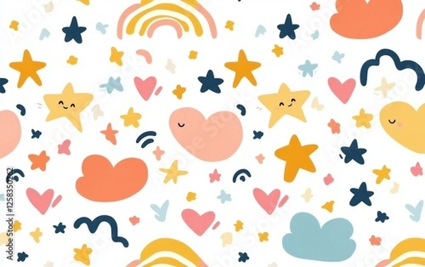 Fototapeta A cute hand-drawn doodle pattern of tiny hearts, clouds, and stars in soft pastel colors on a white sketchbook paper texture