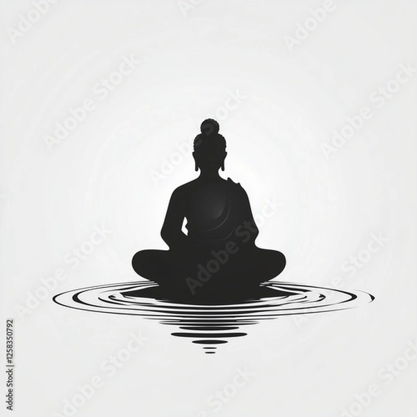 Fototapeta silhouette of a buddhist monk meditating sorrounded by water.