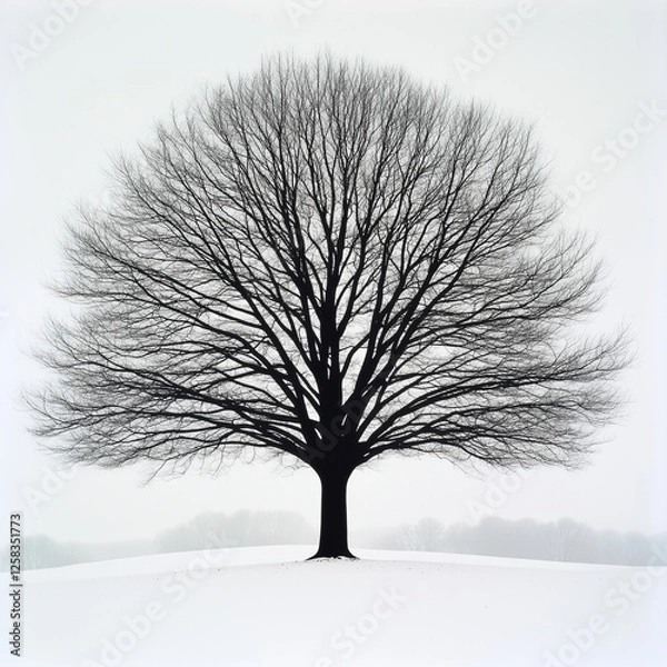 Fototapeta A solitary bare tree with no leaves against a foggy white background in winter.