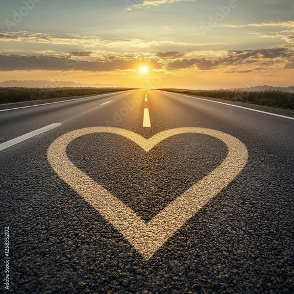 Fototapeta A scenic road featuring a heart symbol painted on the asphalt during sunset.