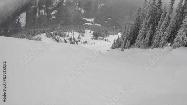 Obraz Scenic View Of A Snow-covered Mountain Range With Dense Forest And A Ski Lift In Winter