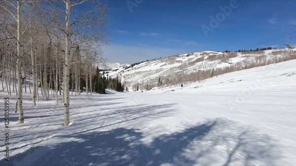 Obraz Scenic View Of A Perfectly Groomed Snow Covered Ski Slope On A Winter Day