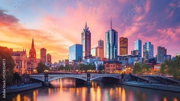 Obraz Melbourne City Skyline at Sunset with Bridge and River