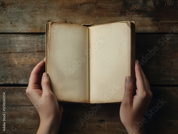 Fototapeta Holding an Antique Book Open to Blank Pages for Writing on Wood Backdrop in Natural Light