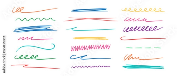 Fototapeta Vector set of hand-drawn doodle brush elements. Colored line sketches, underlines, marker strokes and emphasis for design.