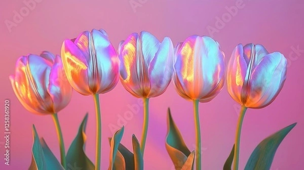 Fototapeta 5 iridescent tulips in a row on a pastel pink background. Trendy, Spring concept. 