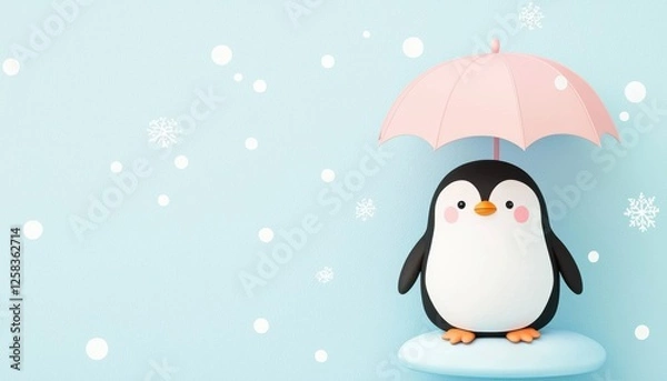 Fototapeta A chubby baby penguin standing on a tiny ice floe, holding a pastel pink umbrella while snowflakes gently fall