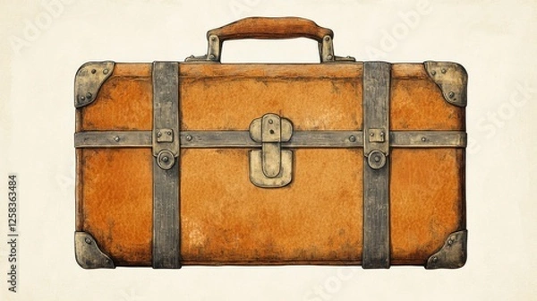 Fototapeta A vintage brown suitcase with a wooden handle. The suitcase is old and worn, with a brown leather strap. The suitcase is sitting on a white background