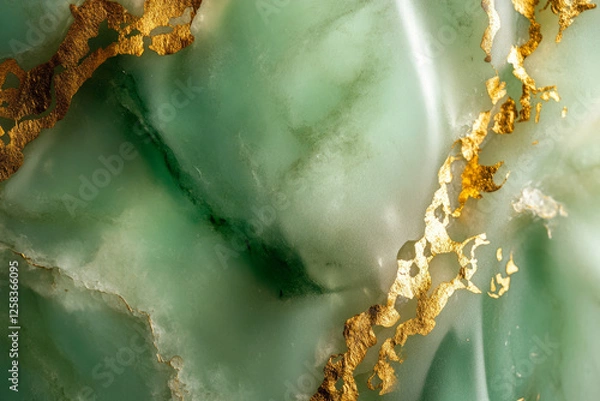 Obraz Abstract background with polished jade stone, its smooth texture blending into shimmering gold accents, conveying luxury and refinement.