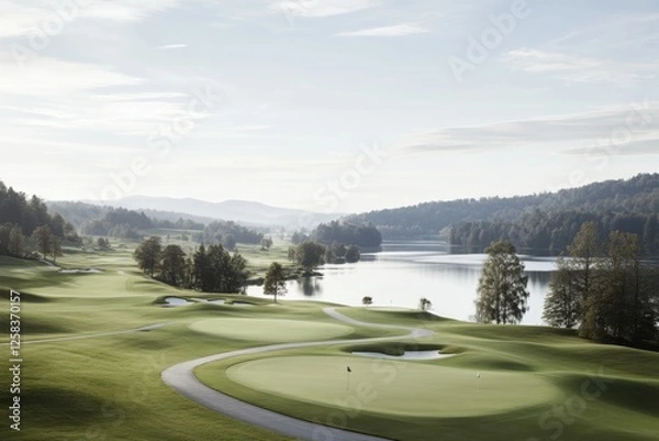 Obraz Scenic view of serene golf course with lake and mountains in early morning light showcasing lush green landscapes