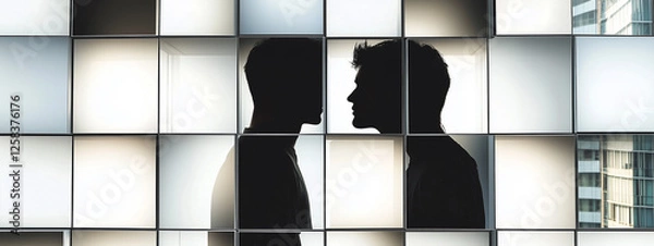 Obraz Silhouette of two men in tense conversation in a modern, box-like business office environment