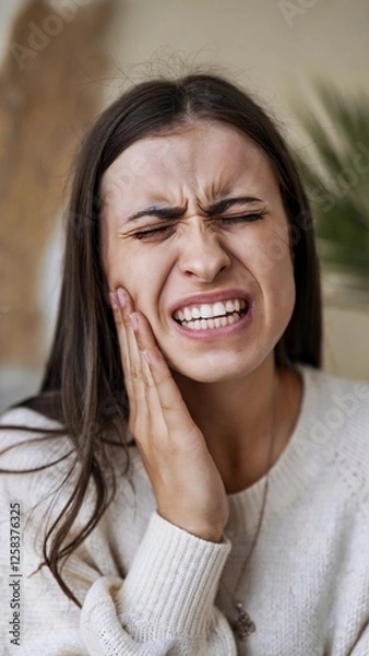 Fototapeta Woman experiencing dental pain while seated in a cozy indoor setting during daytime