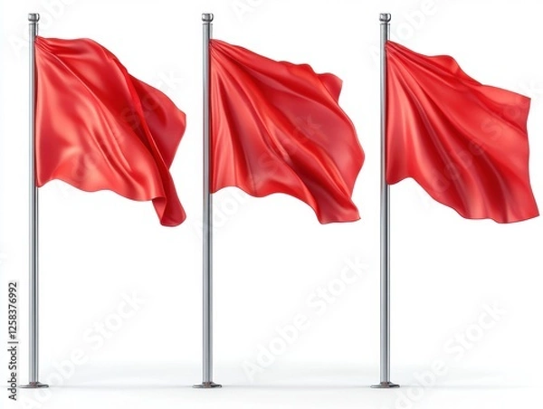 Fototapeta Three Red Flags Symbolizing Warning or Danger with Waving Fabric on Poles Against White Background