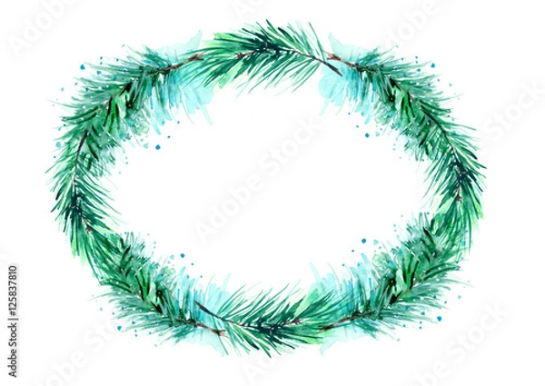 Fototapeta Christmas, Christmas wreath frame made of fir, pine branches . Made with watercolors on an isolated white background. Used for  festive decoration