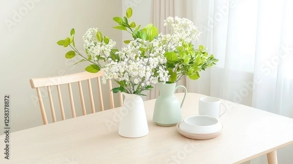 Fototapeta A Scandinavian-inspired dining area with soft neutral tones, where the fresh atmosphere enhances relaxation and clarity.