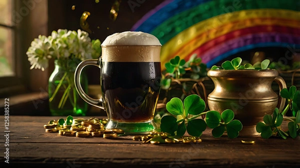 Obraz A glass of beer, a pot of gold coins on the table, gold coins and clover scattered on the table, a blurred image of a rainbow for the celebration of St. Patrick's Day in the background.Realistic photo
