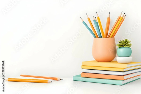 Fototapeta Desk with pencils, books, and plant for studying and reading. Back to school conceptual shot