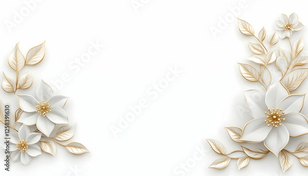 Obraz Elegant white and gold flower arrangement with detailed leaves on white, for cards & backgrounds