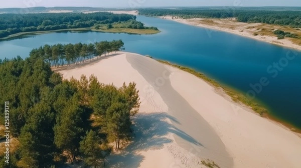 Fototapeta Top view of vast sand dunes with intricate patterns and textures, showcasing the natural beauty of desert landscapes, warm tones, and undulating sand formations.