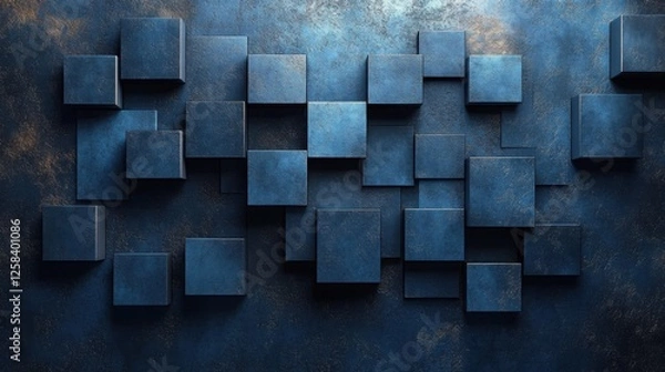 Obraz Contemporary minimalist composition with scattered squares on Blue background. Featuring white space in the center for text, ideal for design templates and modern banners.