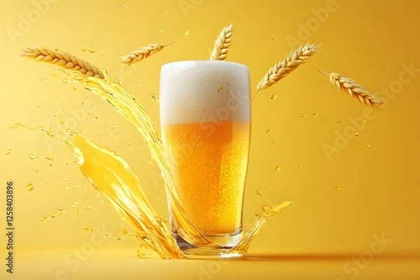 Fototapeta Golden Hour Beer Splash: A tall glass of light beer with a thick head is showcased against a vibrant yellow backdrop, with wheat stalks and dynamic beer splashes adding a sense of lively refreshment.