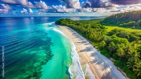 Fototapeta Serene Aerial Beachscape: Calm Ocean Waves & Golden Sands