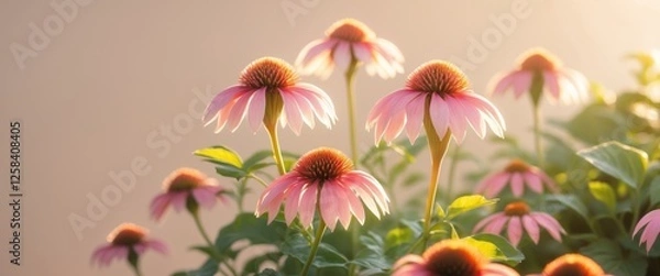 Fototapeta Pink Coneflowers Bloom in Soft Golden Light
