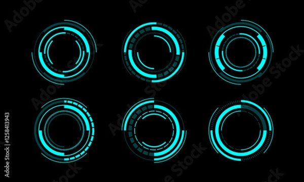 Fototapeta Set of sci fi blue circle user interface elements technology futuristic design modern creative on black background vector