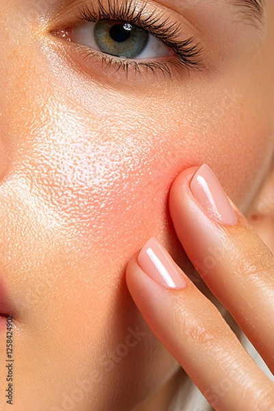 Fototapeta Closeup of female cheek with visible signs of rosacea. Red flushing cheeks