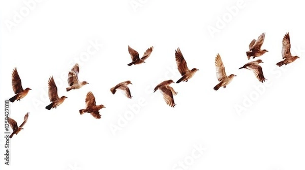 Fototapeta Birds in Flight: A Flock of Sparrow Against White Background Illustrating Freedom