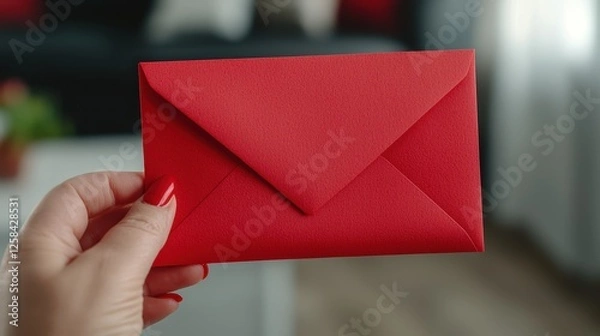 Fototapeta A vibrant red envelope held by a hand, set against a softly blurred background, suggesting a personal or special message.