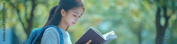 Fototapeta A person sitting in a park reading a book, possibly enjoying nature and learning